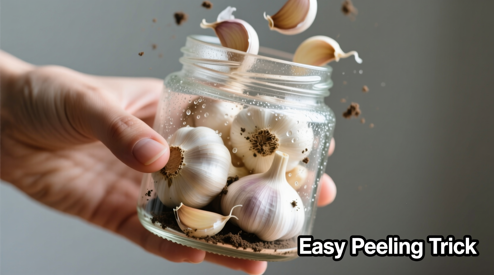 Hand shaking glass jar containing garlic cloves for easy peeling