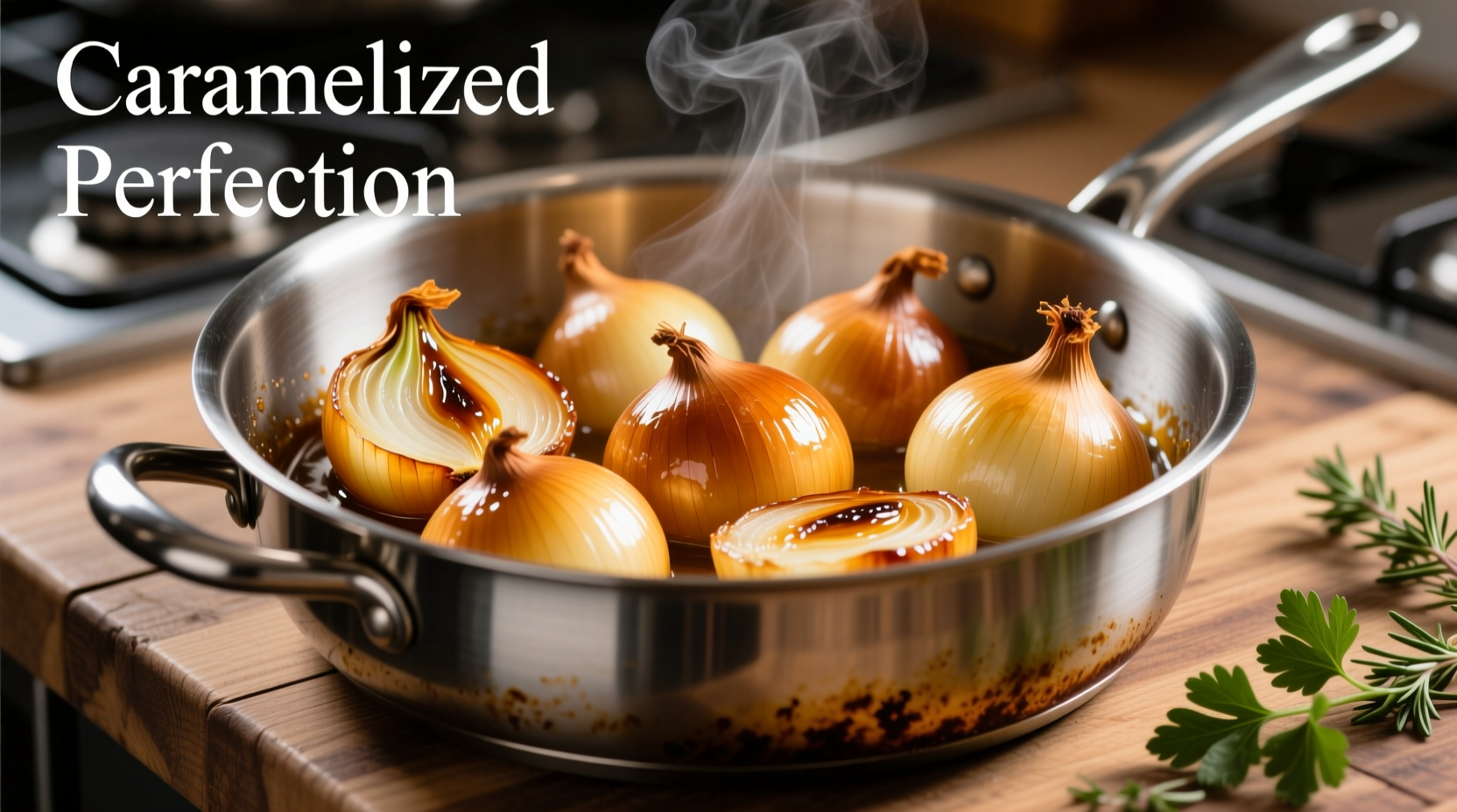 Golden caramelized onions in stainless steel pot
