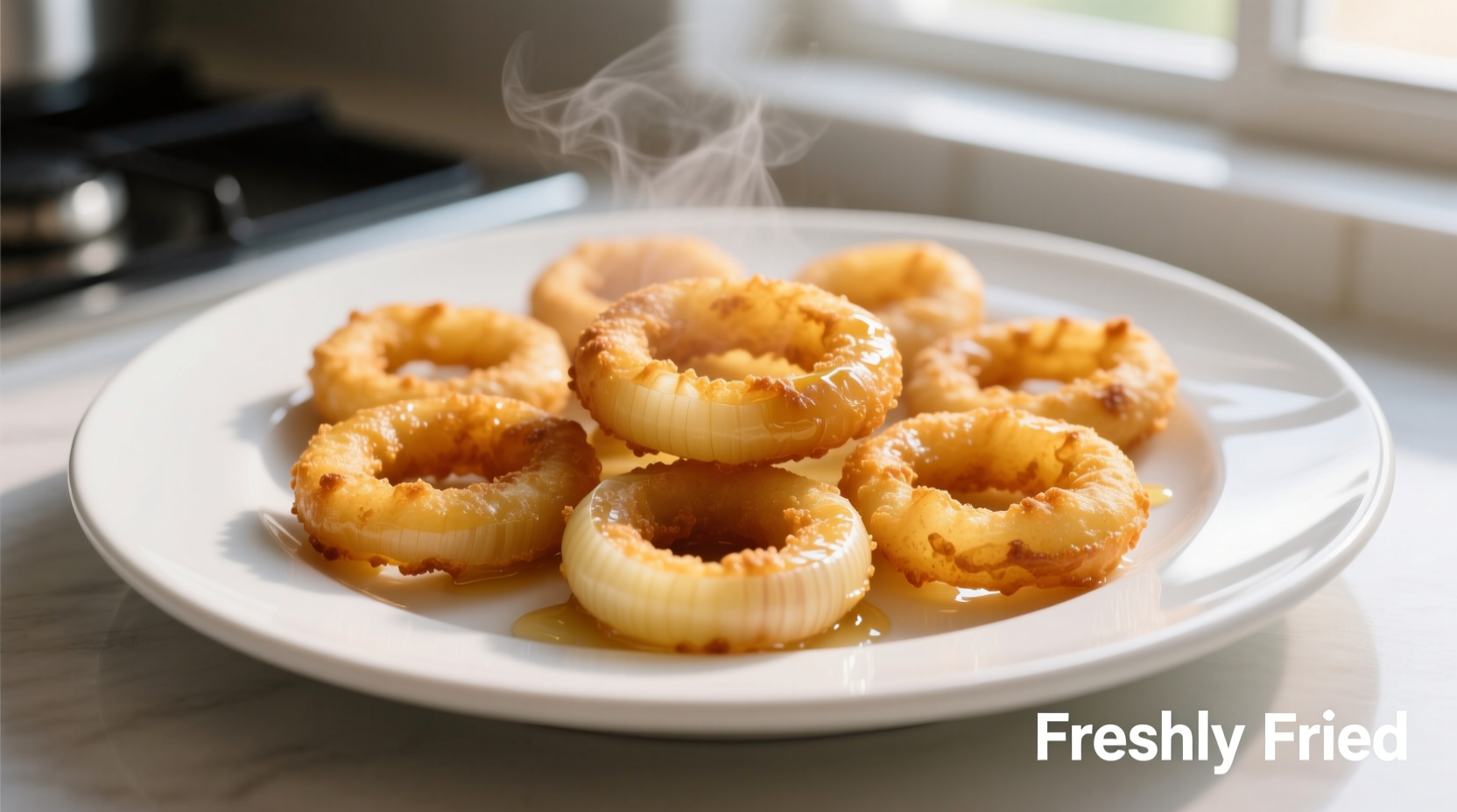 Freshly fried crispy onion rings on white plate