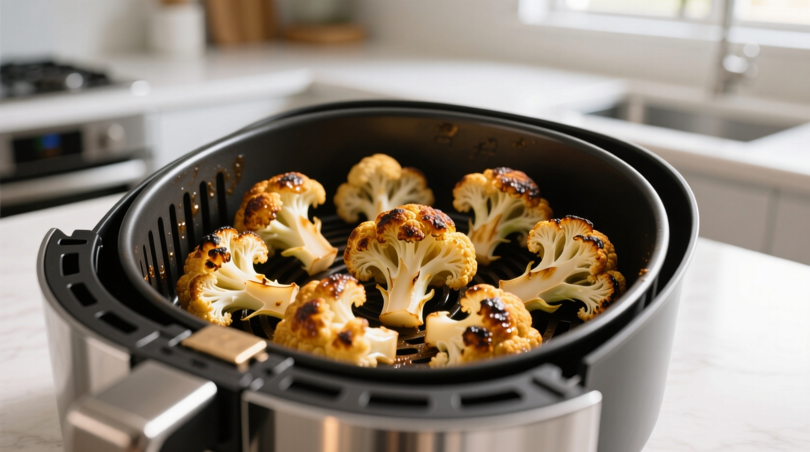 Golden brown cauliflower florets in air fryer basket