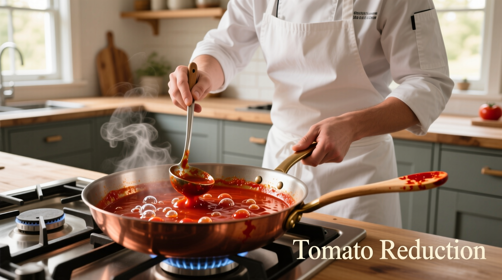 Chef reducing tomato sauce for substitution