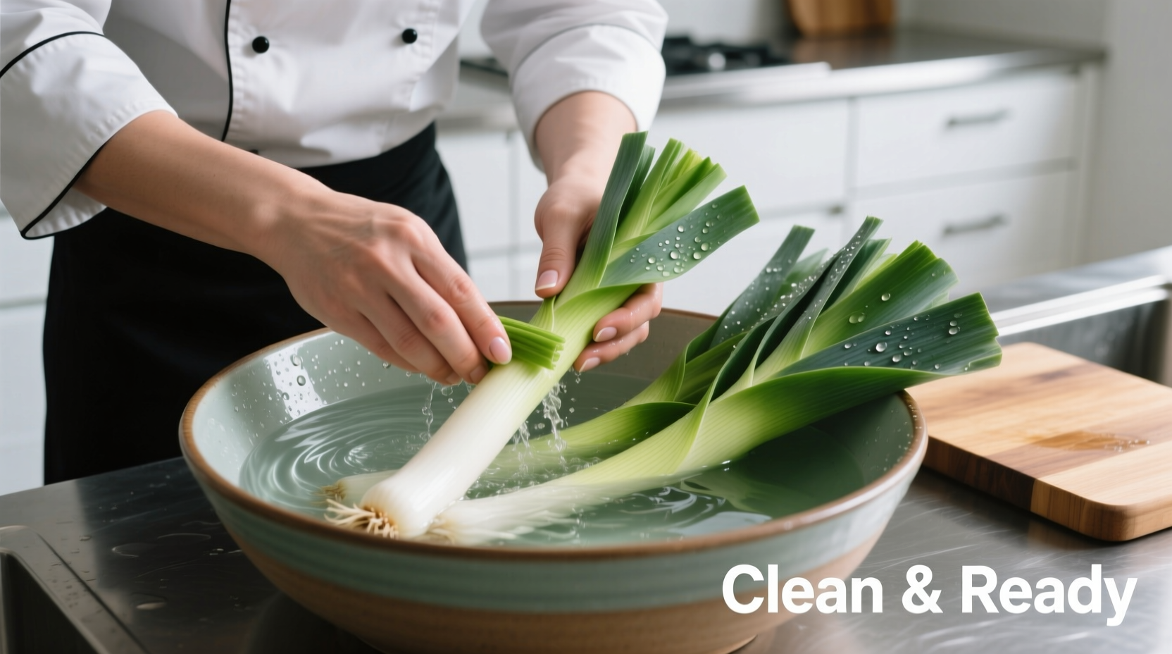Chef properly cleaning leeks in a bowl of water