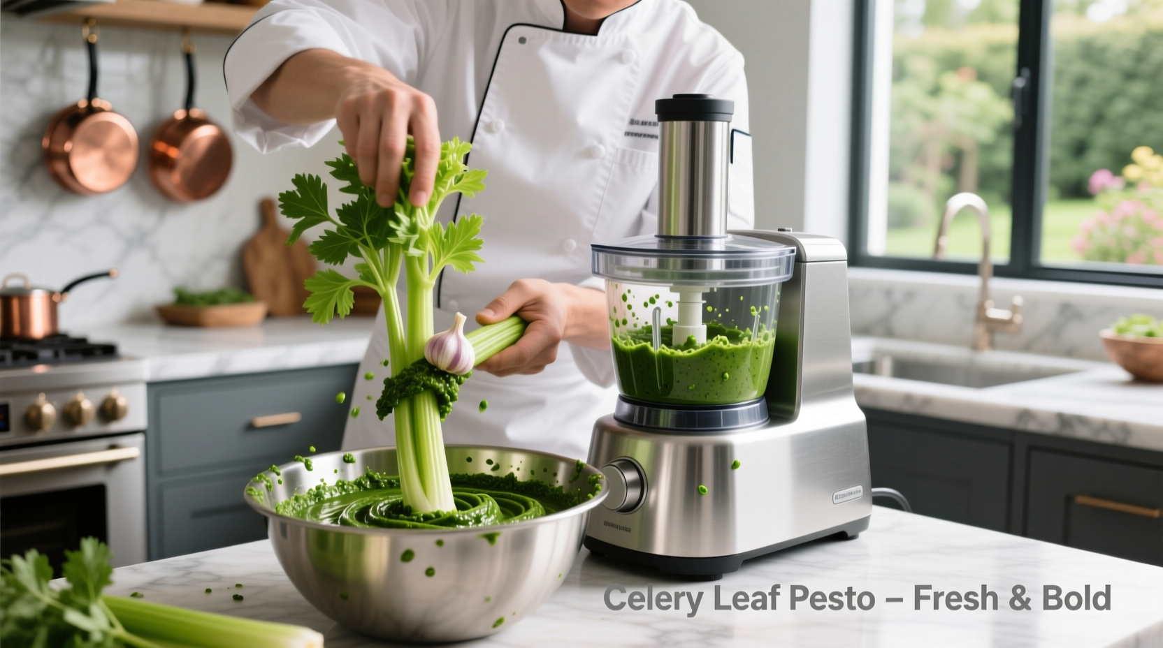 Chef preparing vibrant celery leaf pesto in food processor