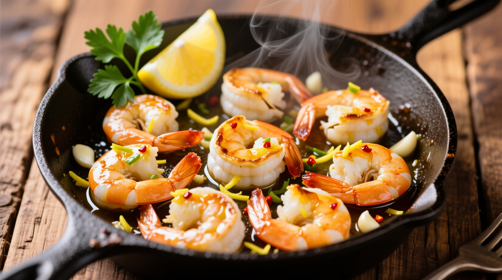 Perfectly cooked lemon garlic shrimp in skillet