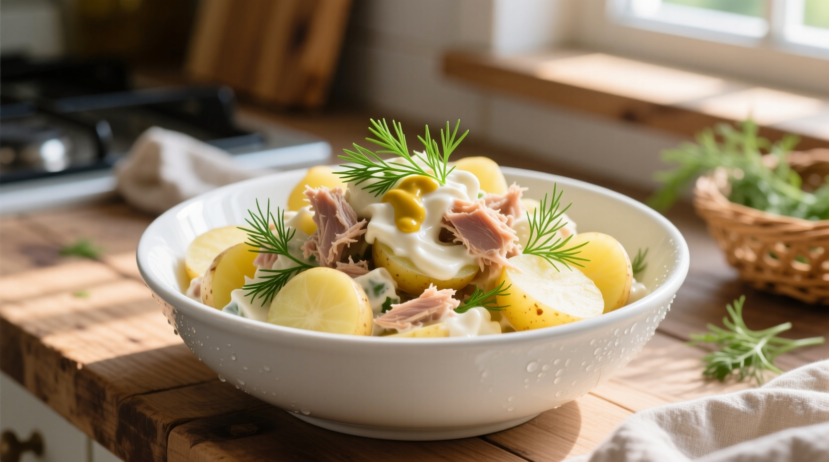 Creamy tuna potato salad in white bowl with fresh dill garnish