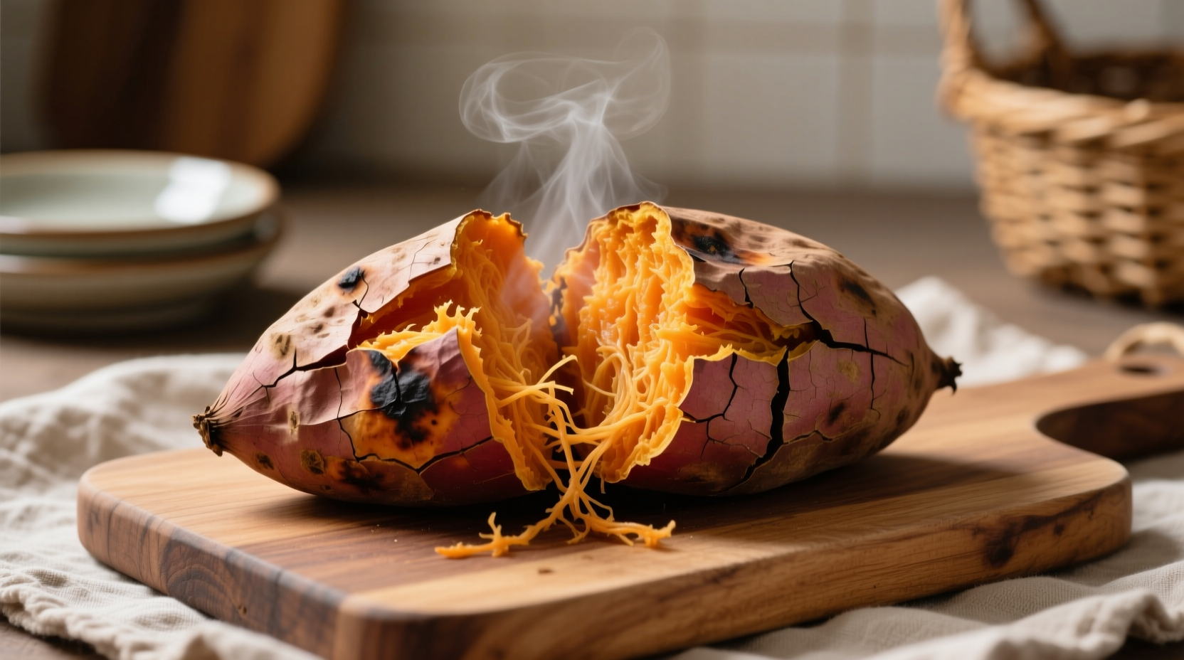 Baked sweet potato with skin showing fiber-rich texture