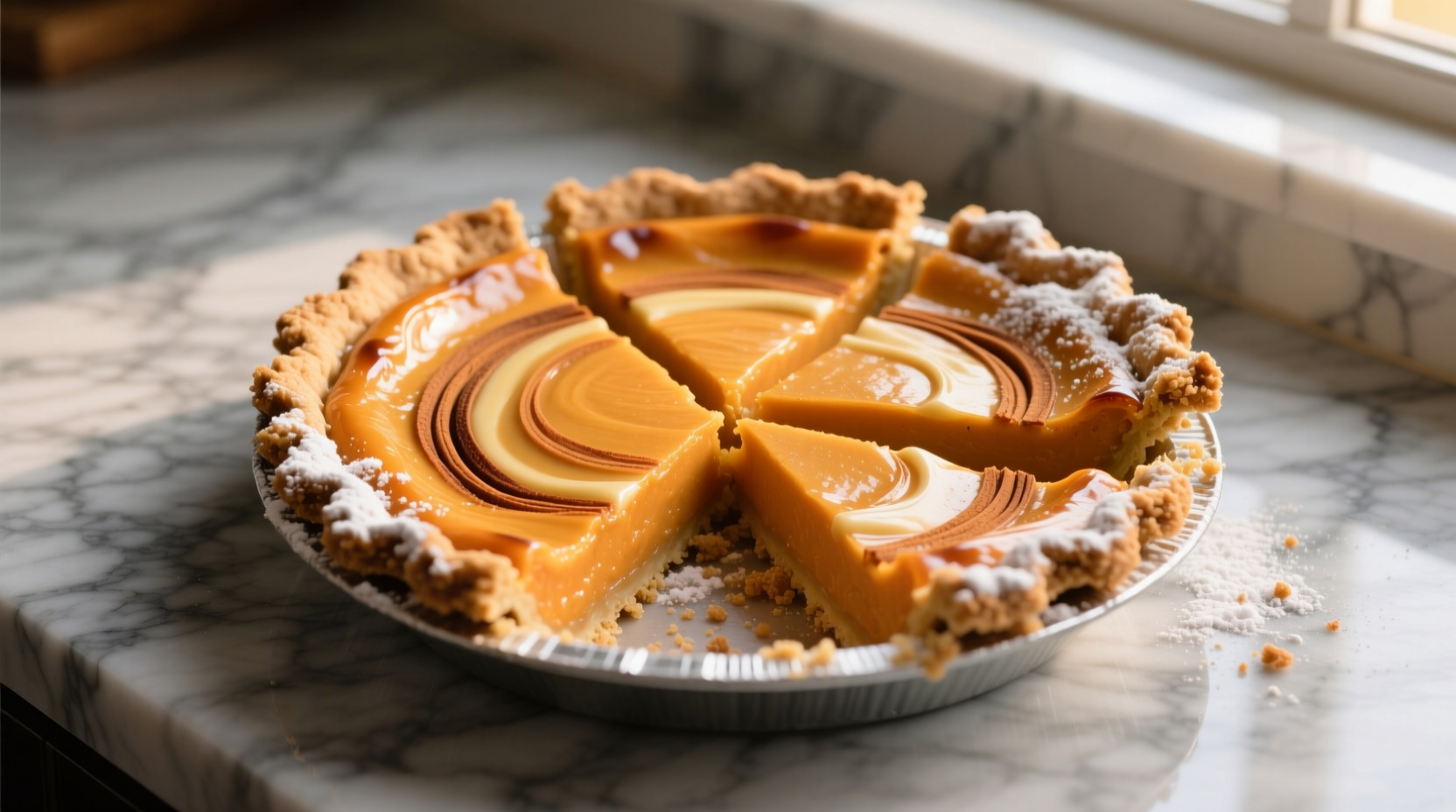 Golden sweet potato pie with graham cracker crust on marble