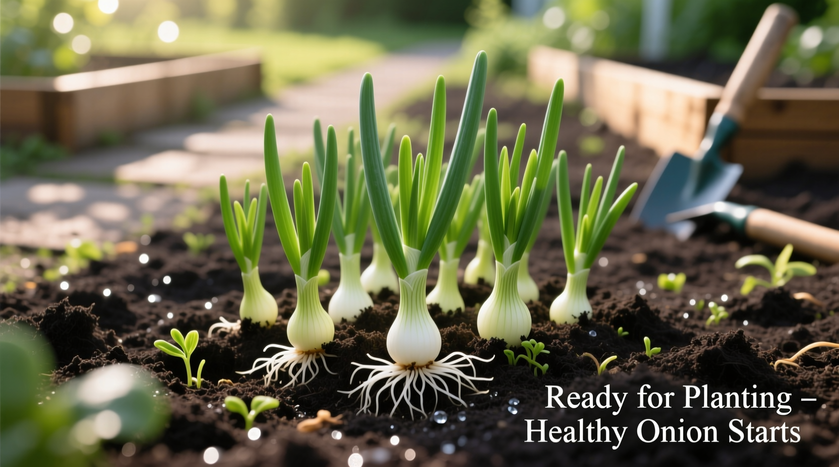 Healthy onion starts ready for planting in garden soil