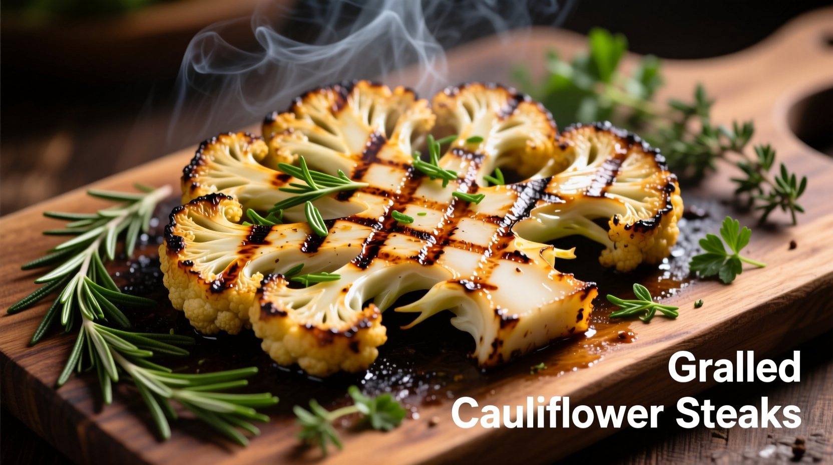 Grilled cauliflower steaks with char marks and herbs