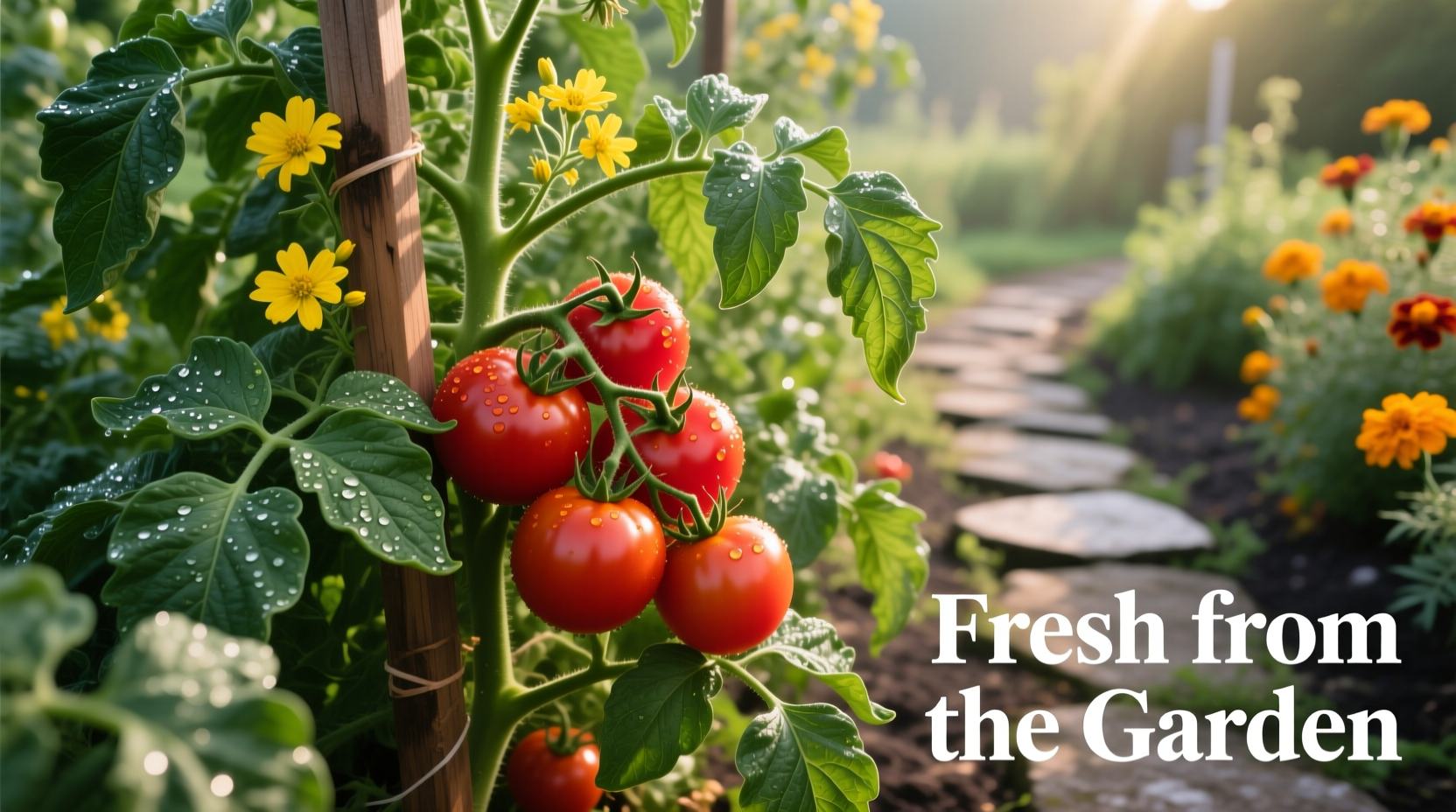 Healthy tomato plant with ripe fruit in garden