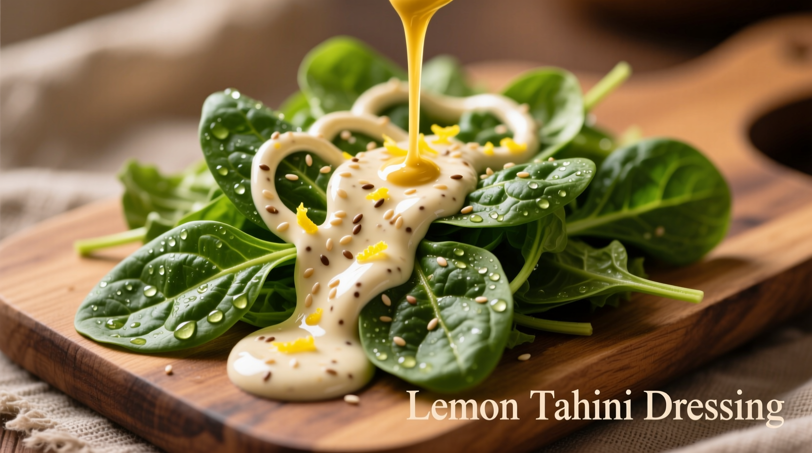 Lemon tahini dressing drizzled over fresh spinach salad