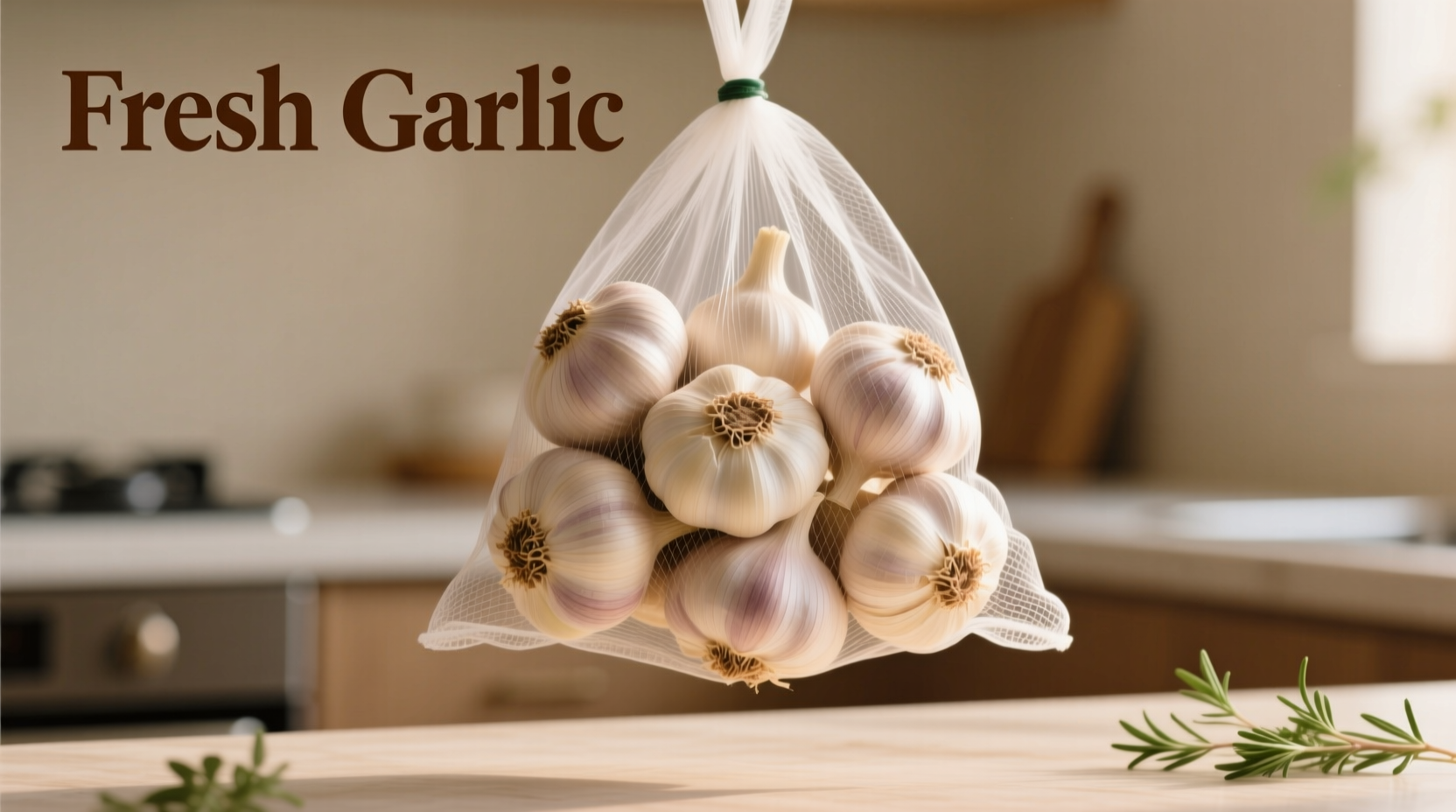 Mesh garlic storage bag with fresh garlic bulbs