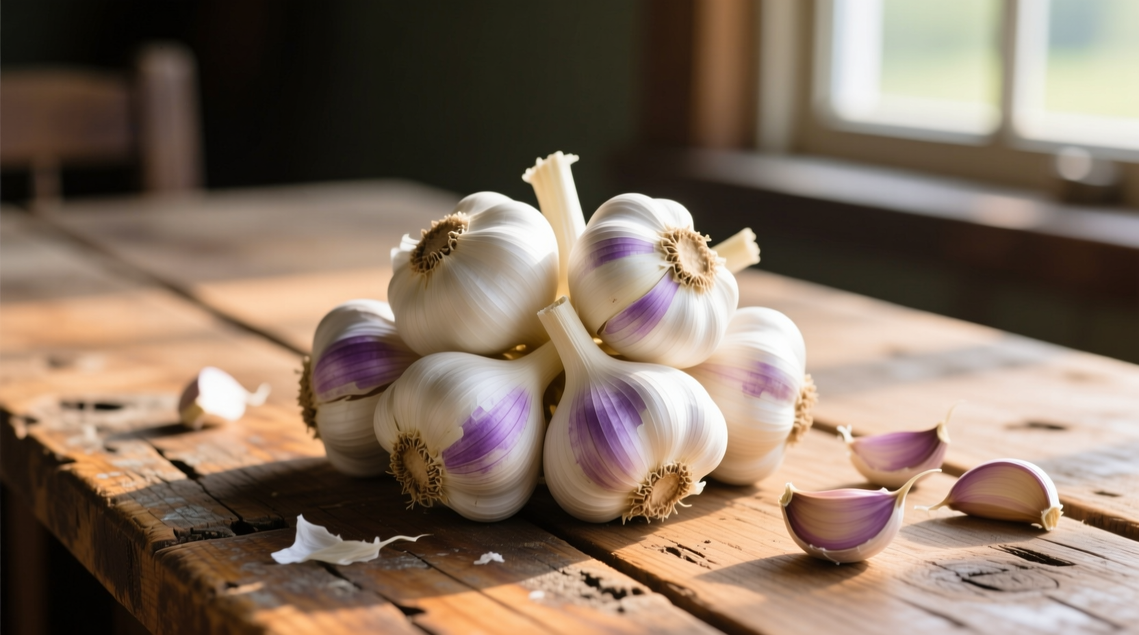 Fresh Christopher Ranch garlic bulbs on wooden table