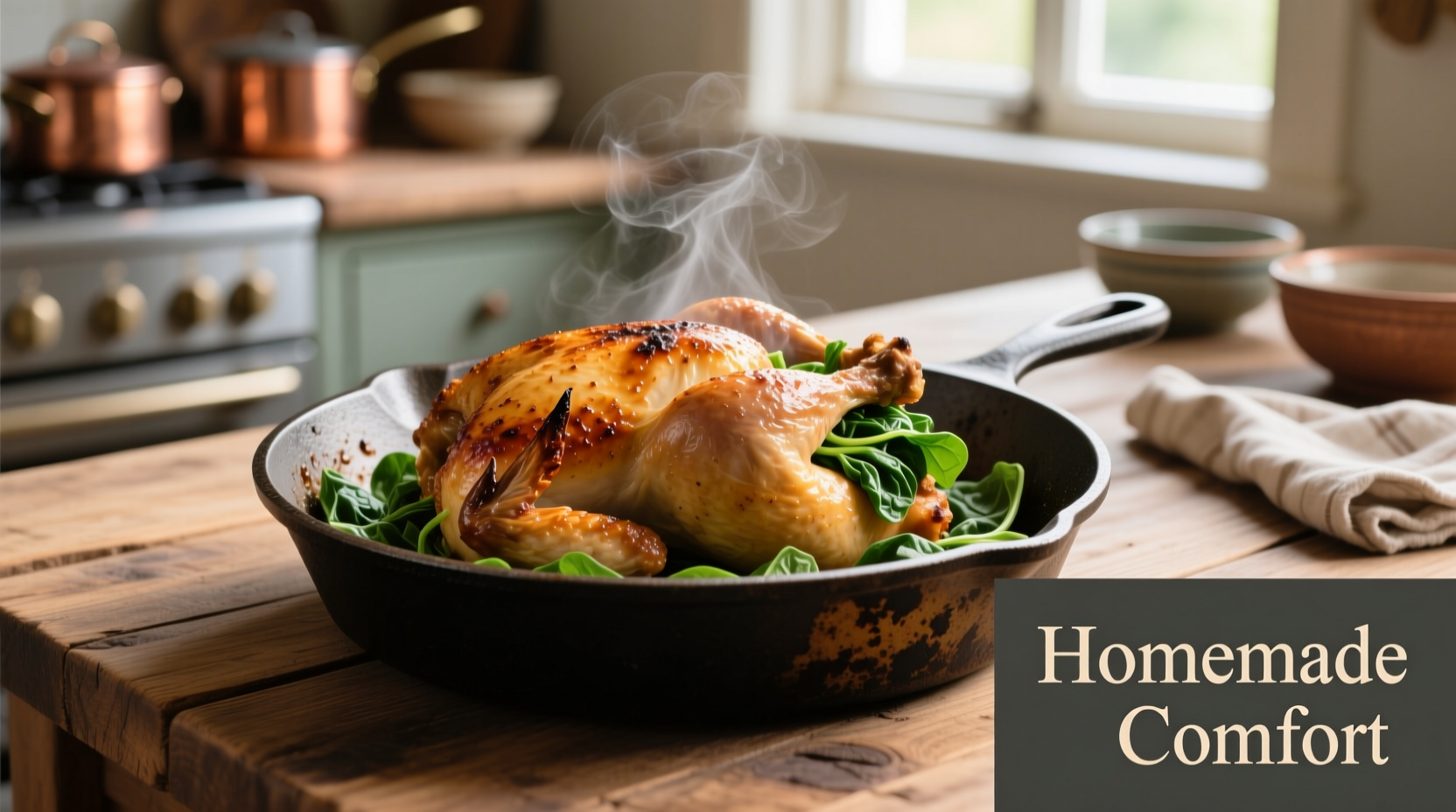 Golden brown chicken spinach stuffing in cast iron skillet