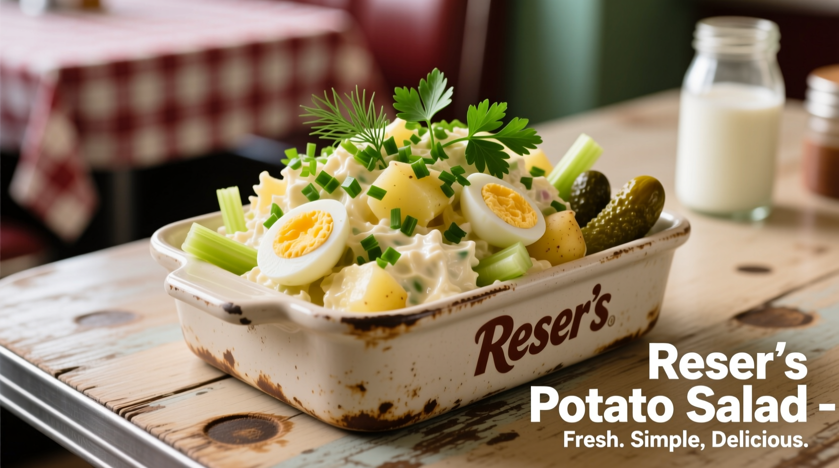 Reser's potato salad in container with fresh herbs
