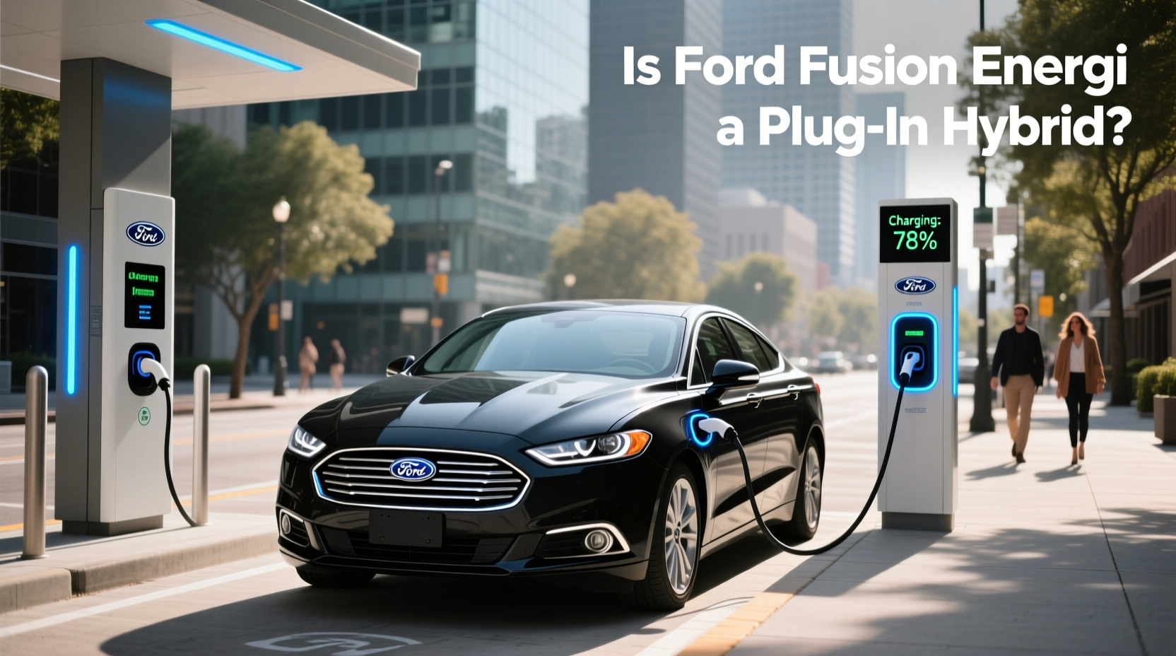 Ford Fusion Energi plug-in hybrid parked on urban street