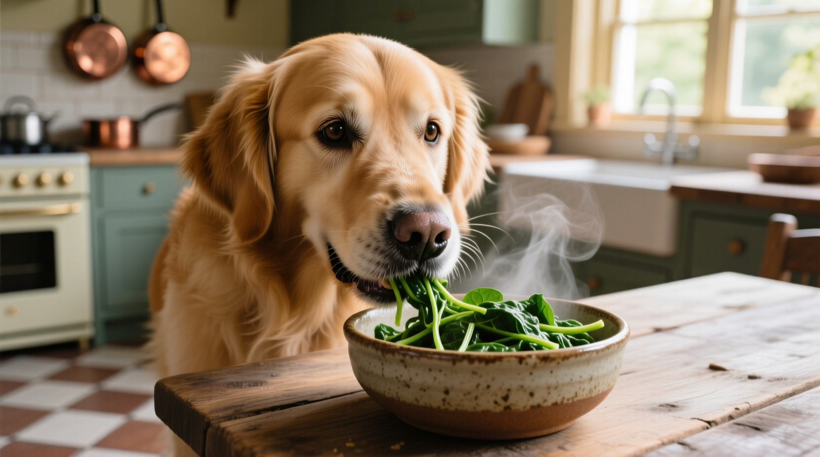 Dog eating cooked spinach from bowl