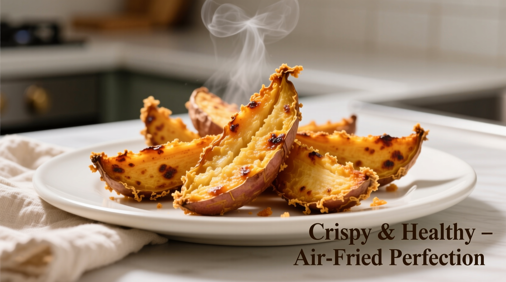 Golden air fried sweet potato wedges with crispy edges