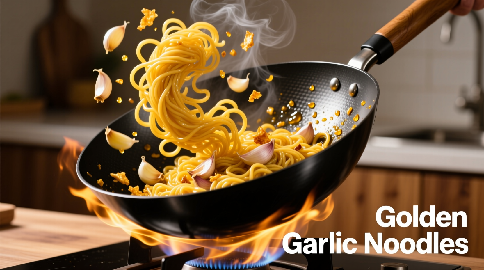 Golden garlic sizzling in wok with noodles