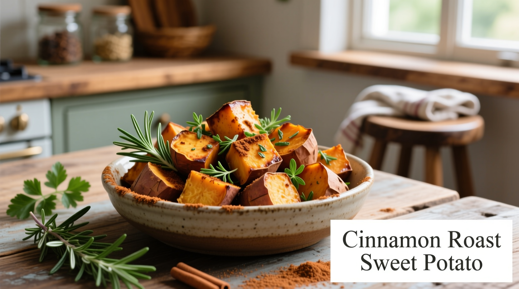 Roasted cinnamon sweet potato cubes with fresh herbs