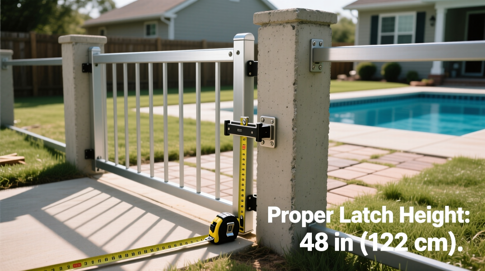 DIY pool fence installation showing proper gate latch height