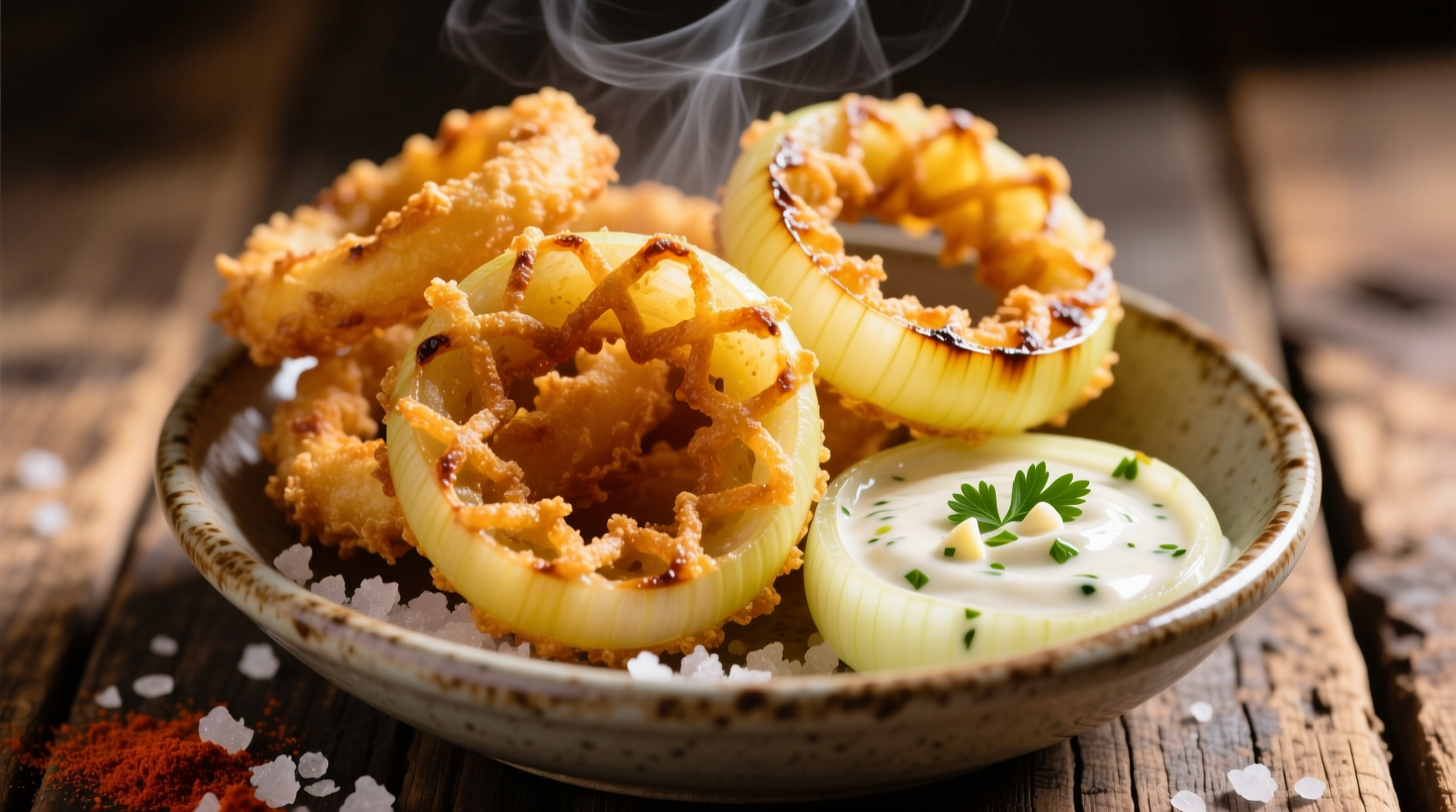 Golden crispy homemade onion rings with dipping sauce
