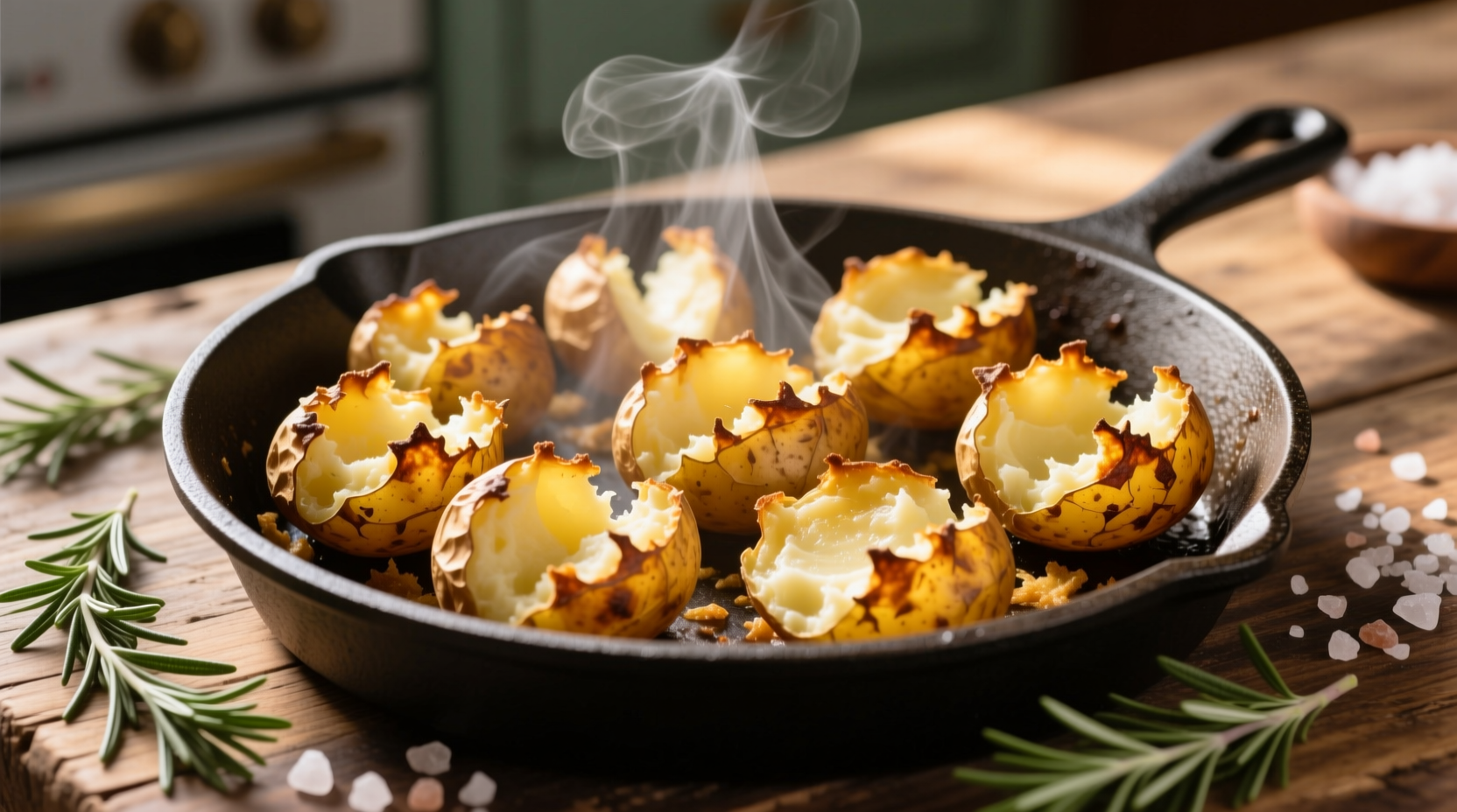 Golden crispy smashed potatoes on baking sheet