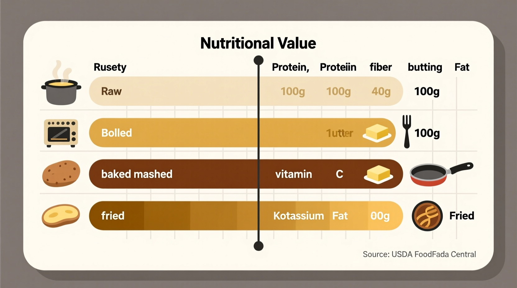 Russet potato nutrition comparison chart showing different preparation methods