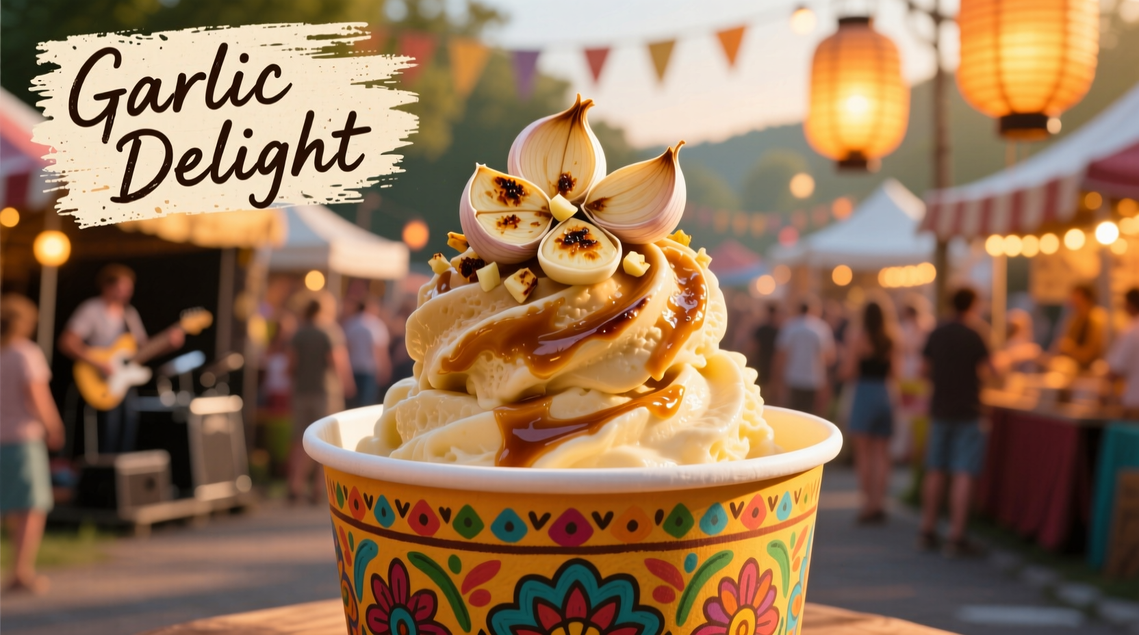 Roasted garlic ice cream served in festival cup with garlic garnish