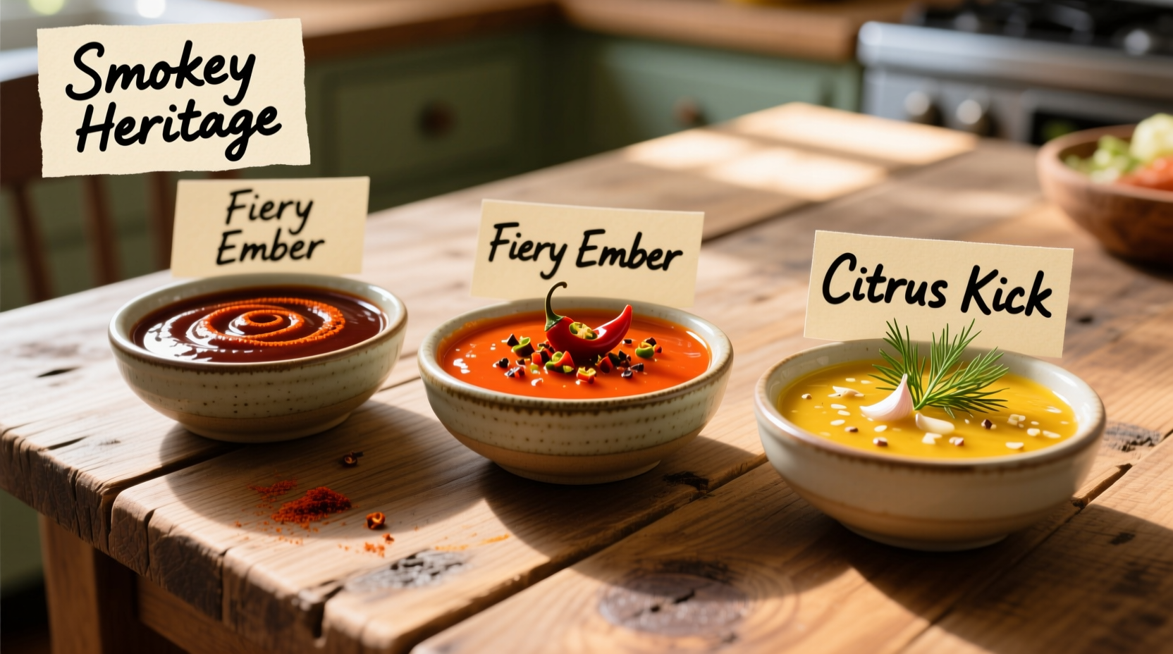 Three variations of homemade barbecue sauce on wooden table