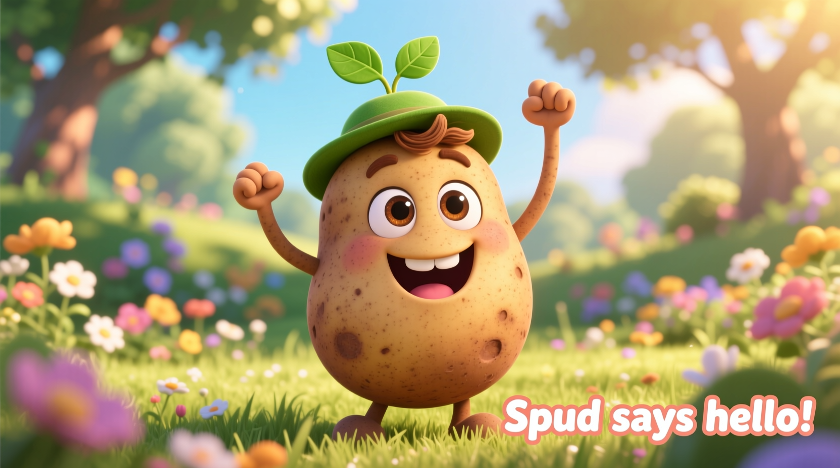 Spud the potato character smiling with arms raised
