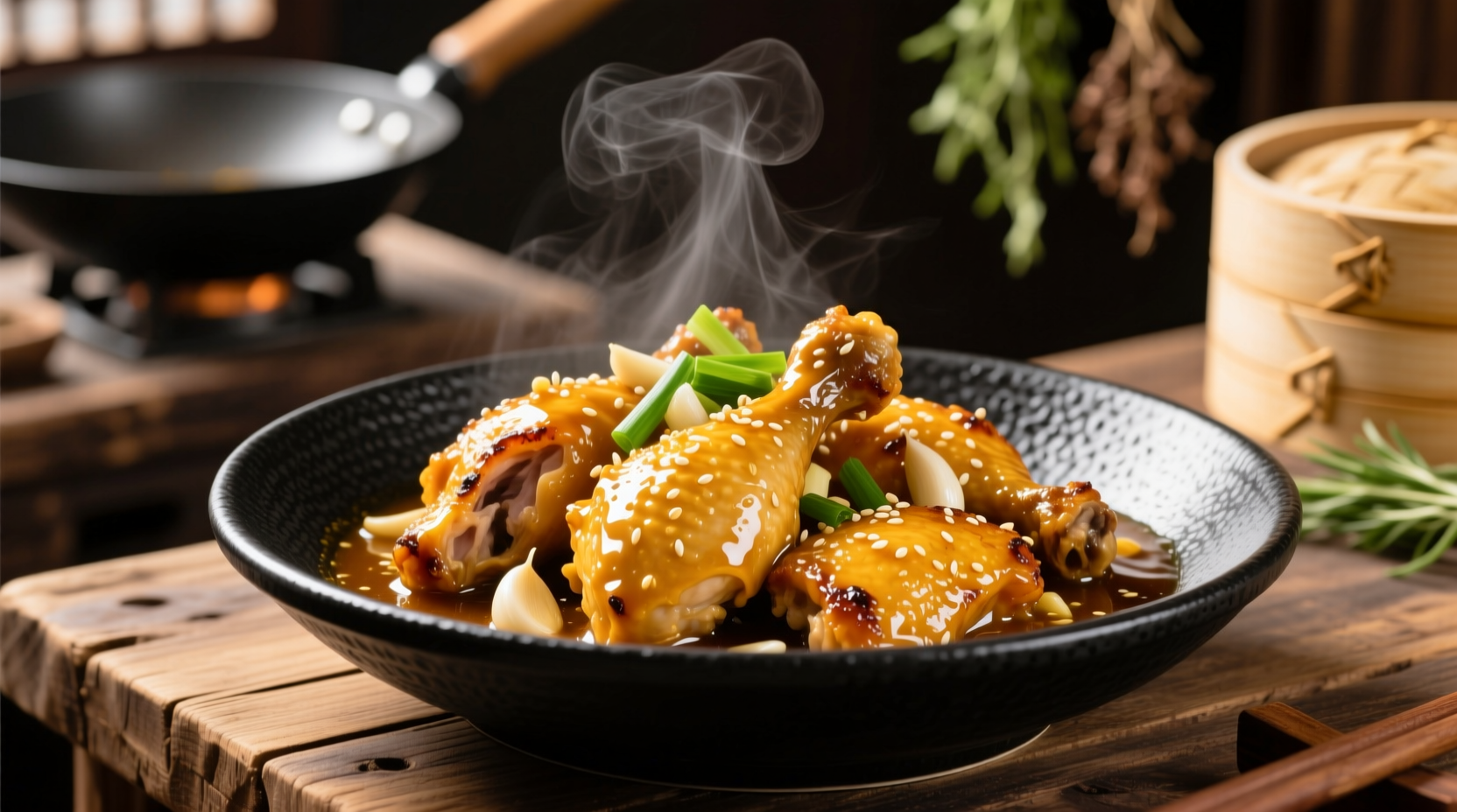 Golden chicken pieces glistening in rich garlic sauce