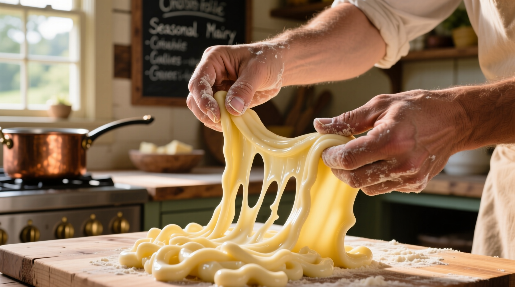 Hands stretching fresh cheese curds in kitchen