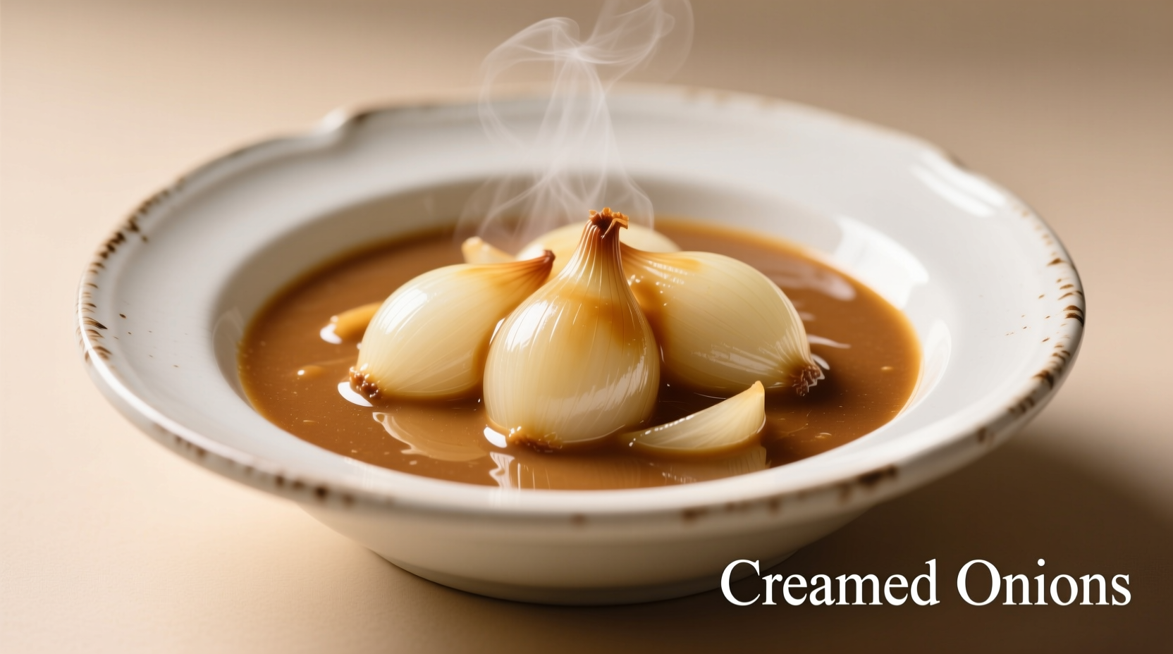 Perfectly cooked creamed onions in white ceramic bowl