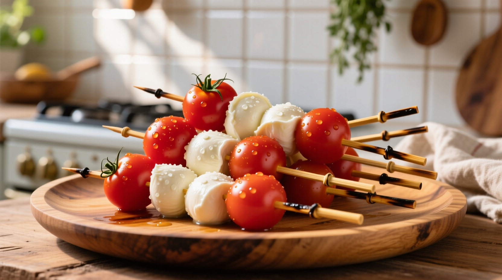 Colorful tomato mozzarella skewers on wooden platter