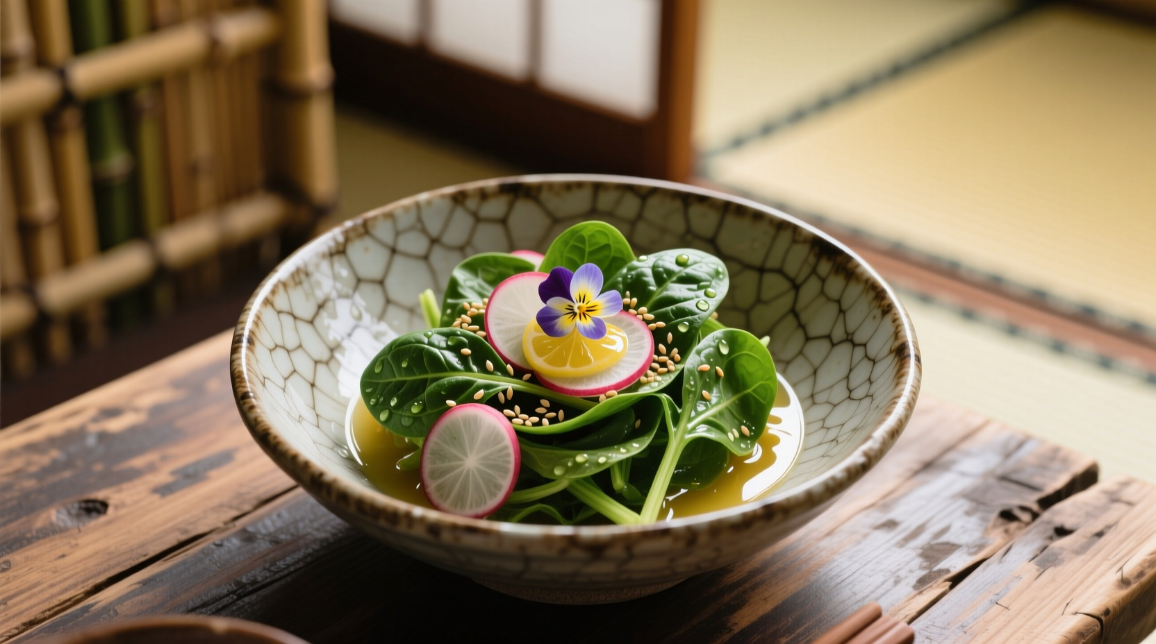 Freshly prepared Japanese spinach salad in traditional ceramic bowl