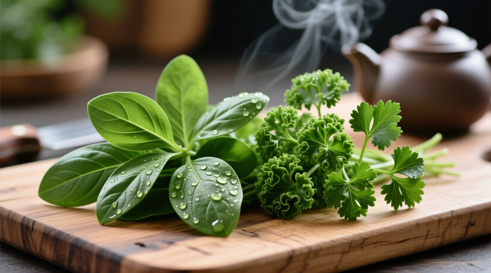 Fresh flat-leaf and curly parsley varieties side by side
