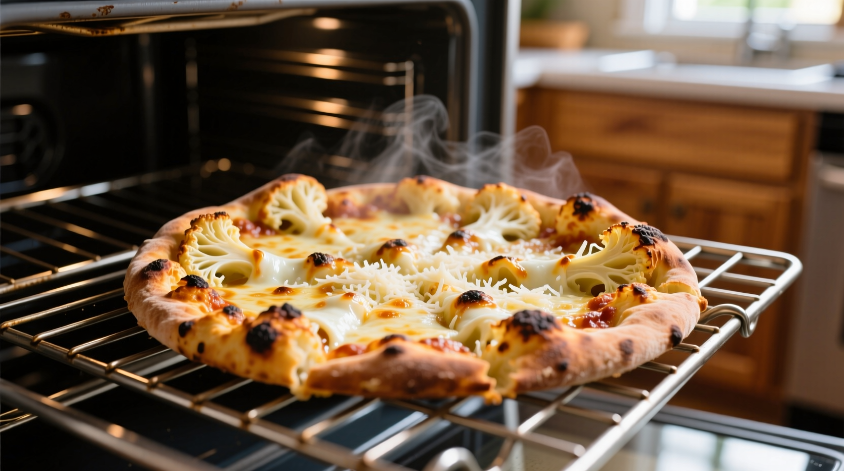 Perfectly baked frozen cauliflower pizza on oven rack