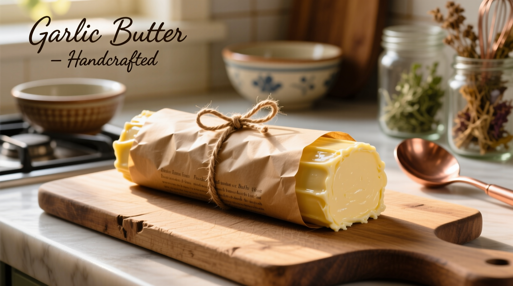 Homemade garlic butter shaped into a log wrapped in parchment paper