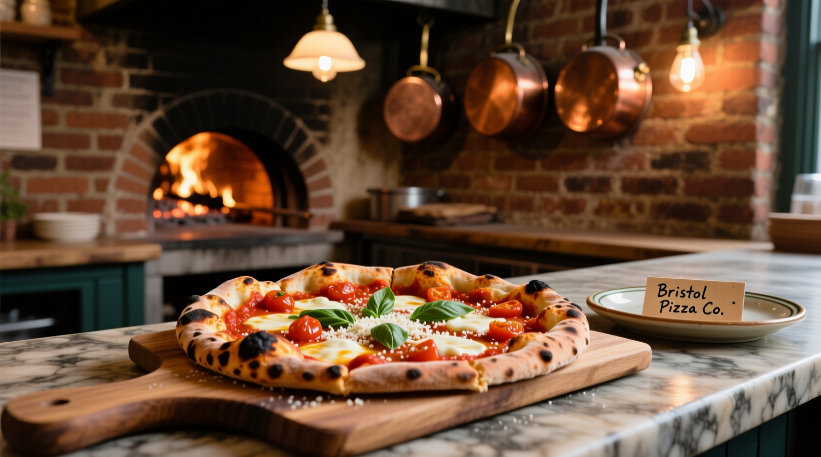 Wood-fired pizza with chunky tomato sauce at Bristol restaurant