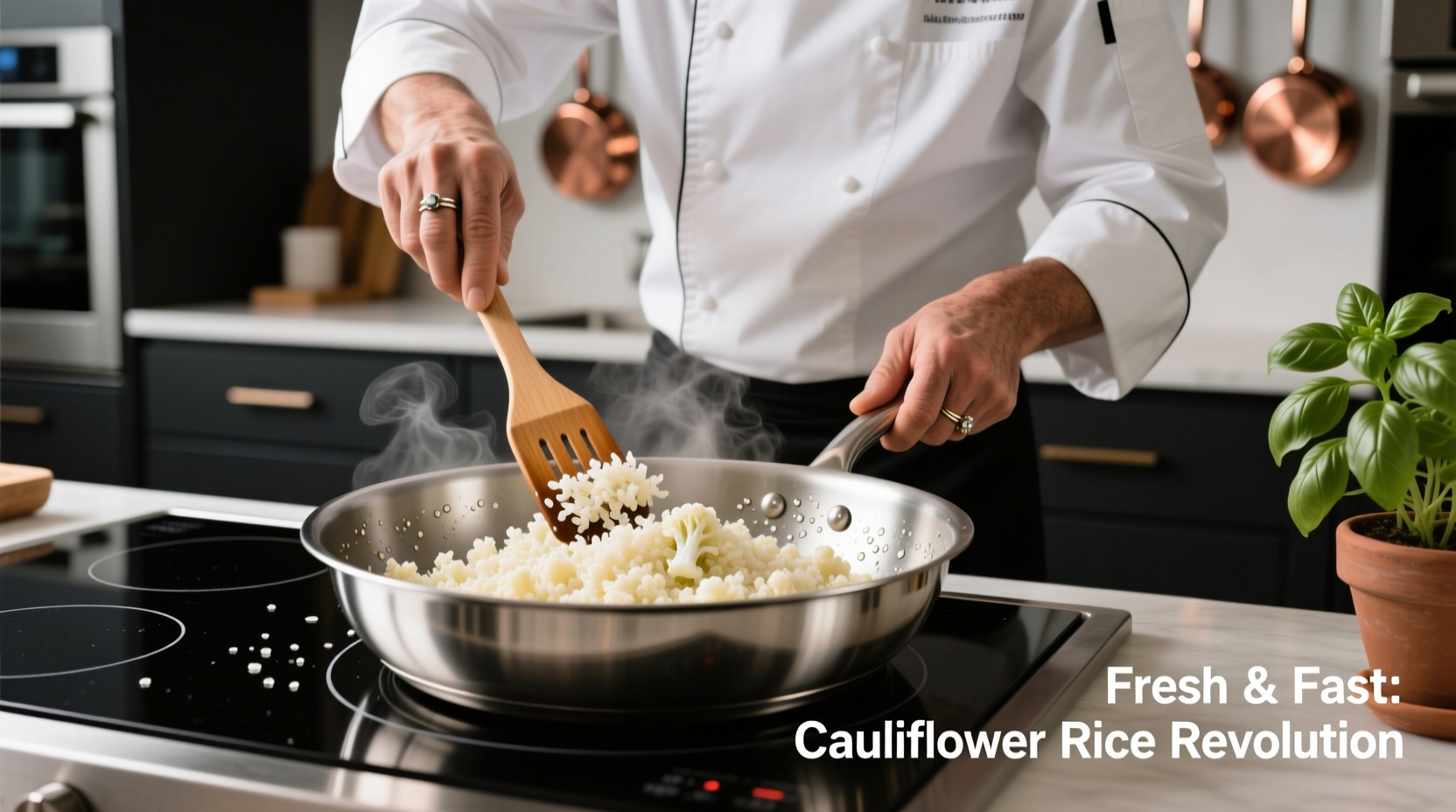 Chef preparing frozen cauliflower rice in stainless steel pan