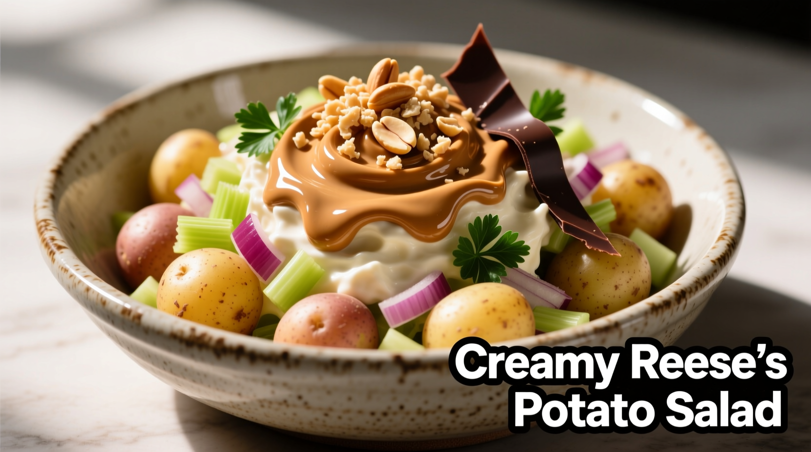 Creamy Reese potato salad in serving bowl with garnish