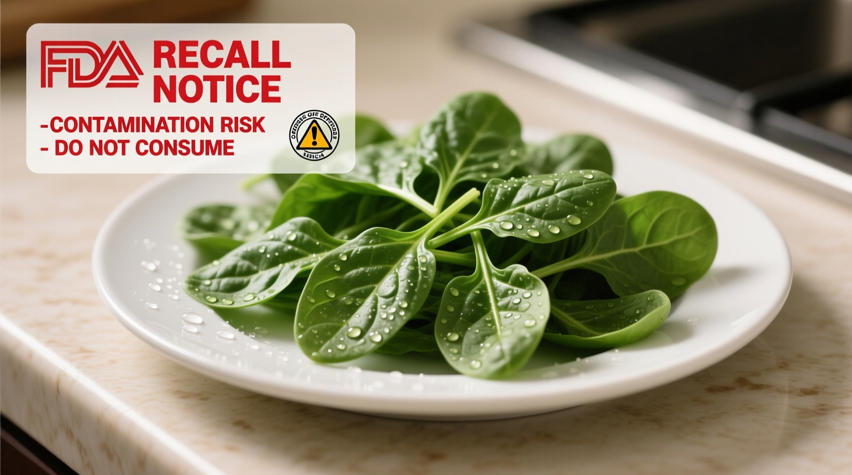 Fresh spinach leaves with FDA recall notice overlay