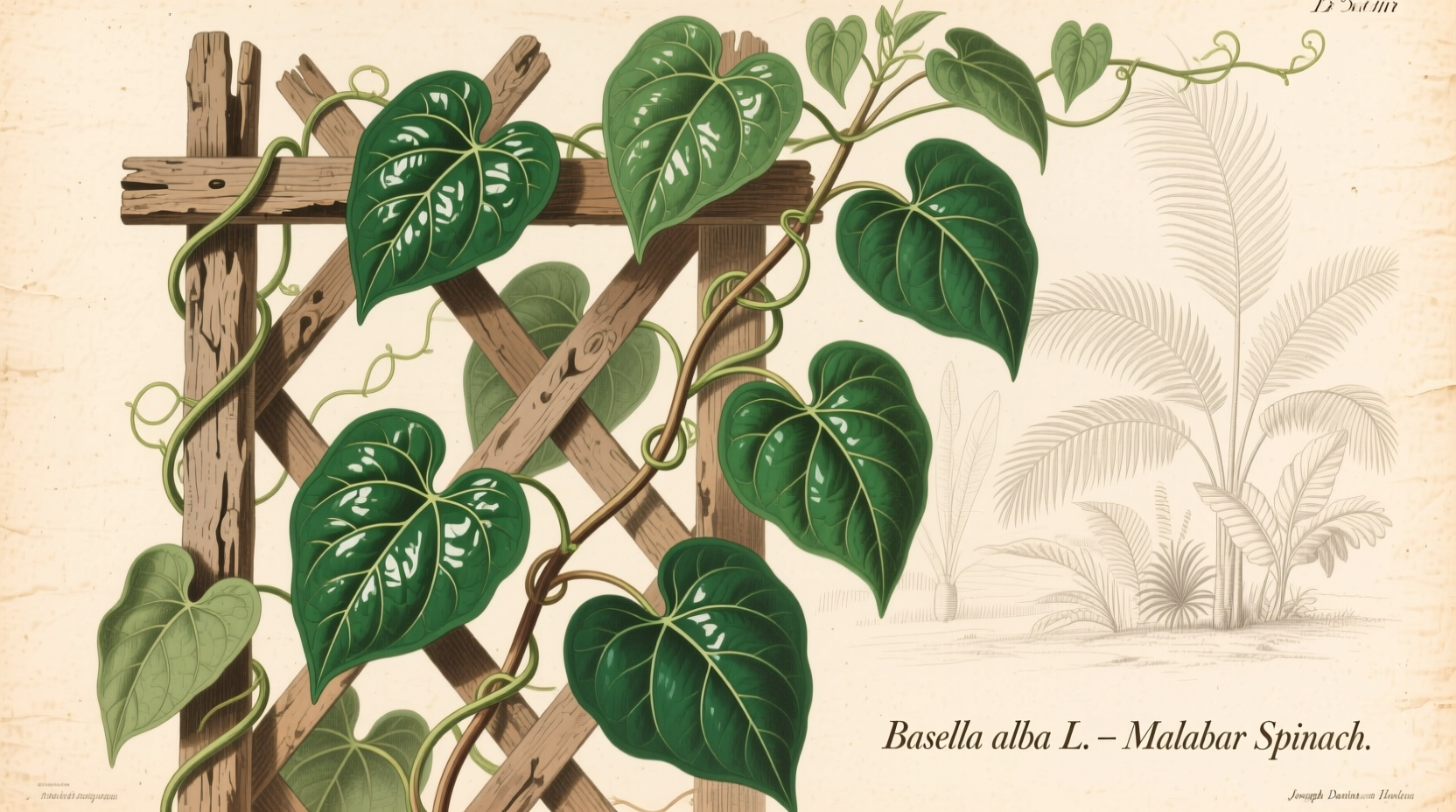 Malabar spinach vine with heart-shaped leaves climbing trellis