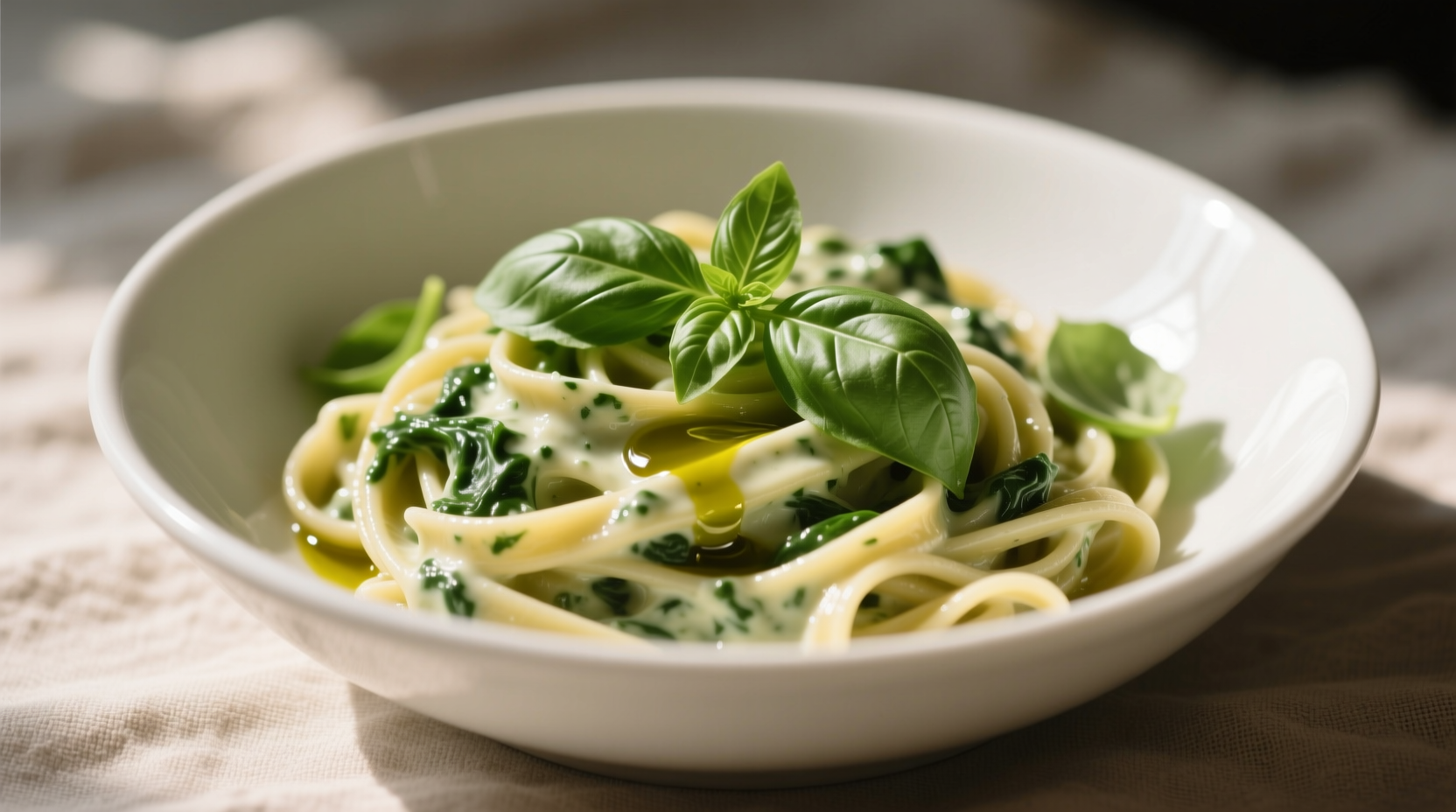 Creamy spinach ricotta pasta in white bowl with fresh basil