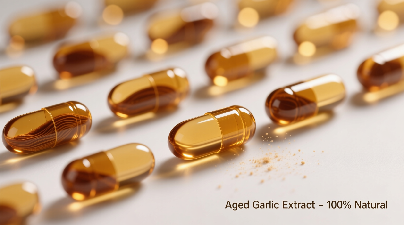 Close-up of aged garlic extract capsules