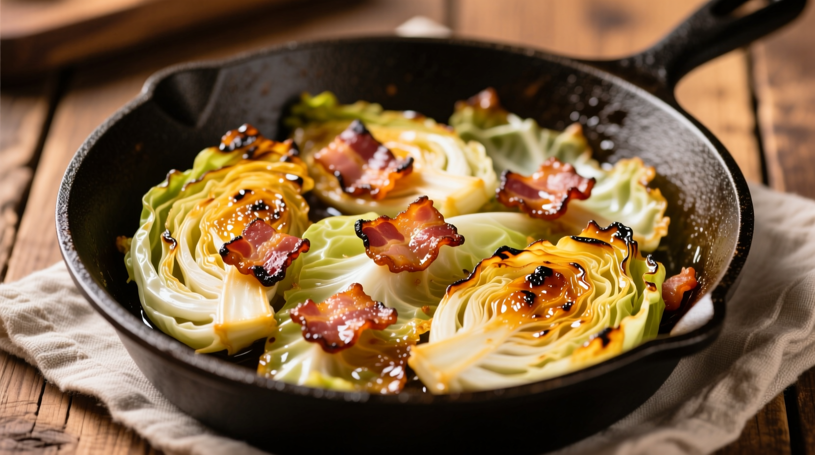 Perfectly caramelized fried cabbage with crispy bacon pieces