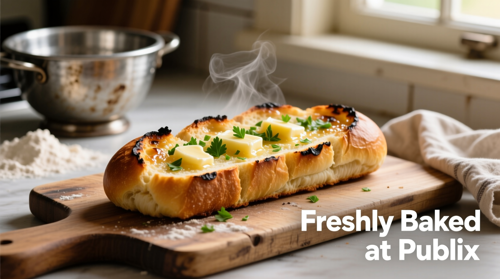 Freshly baked Publix garlic bread on wooden cutting board