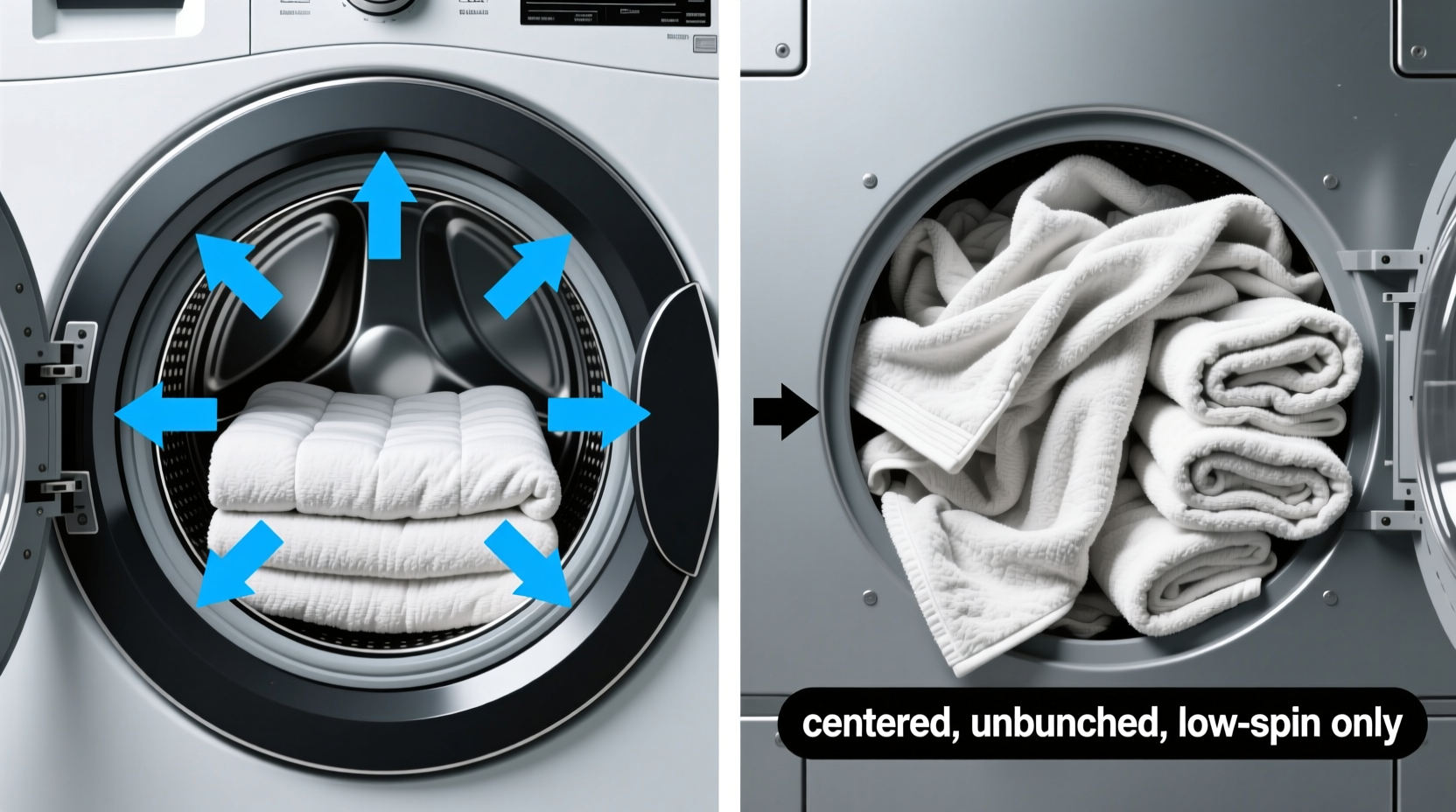 Side-by-side comparison showing proper front-loader placement of a weighted blanket lying flat versus improper crumpled loading in a top-loader agitator tub