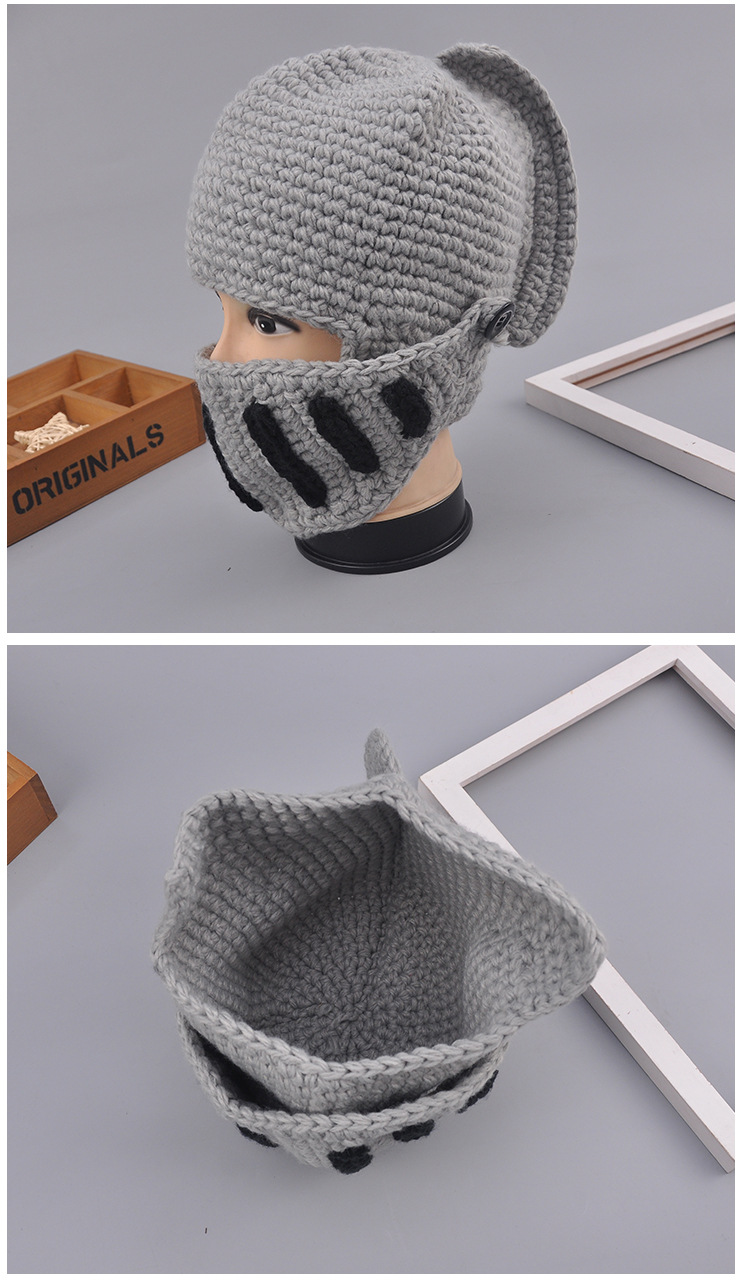 新款秋冬针织帽子男士中性罗马骑士头盔帽子酷手工冬季针织保暖帽子